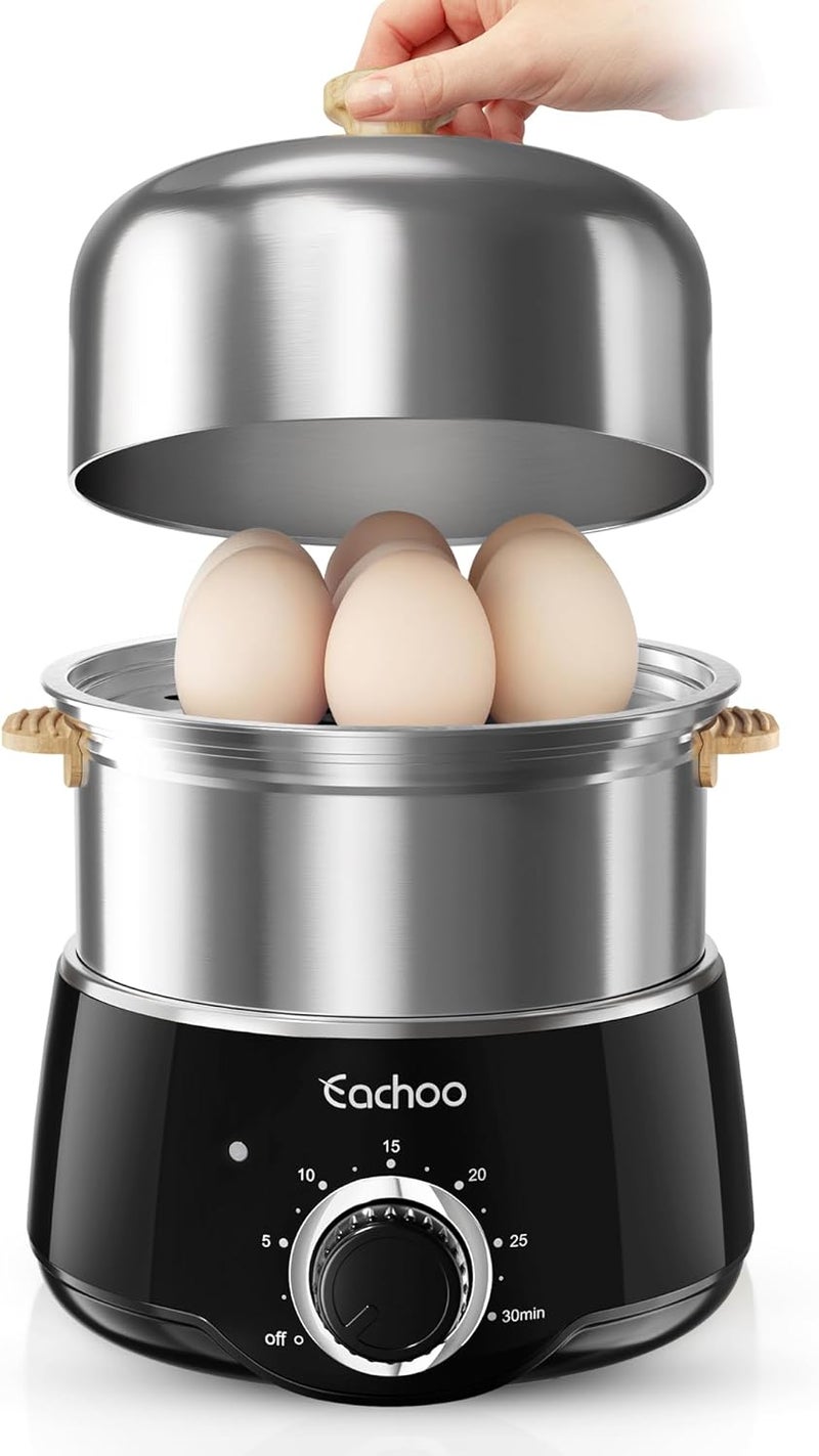 CACHOO Hard Boiled Egg Cooker - 14-Egg Rapid Stainless Steel Egg Boiler with 30-Min Timer & Auto Shut Off, Compact Electric Vegetable Steamer for Cooking, Dishwasher Safe, Black - Image 1